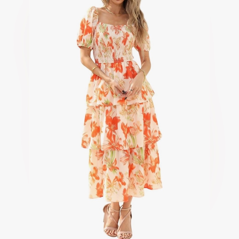 BTFBM Women’s Floral Orange Square Neck Smock Ruffled Midi Dress / Size XL